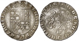 Reyes Católicos. Burgos. 1 real. (Cal. 285 var). 3,36 g. El nombre de la reina dividido entre el anverso y el reverso. Buen ejemplar Rara. MBC+.