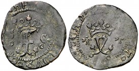 Reyes Católicos. Granada. 1 blanca. (Cal. 605 var) (Seb. 595 var). 1,25 g. Granadas en los adornos de las iniciales. Rara. MBC.