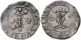Reyes Católicos. Granada. 1 blanca. (Cal. 607) (Seb. 583 var). 1,42 g. Punto bajo la corona de la Y. MBC-.