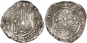 Reyes Católicos. Granada. 2 reales. (Cal. 247). 7 g. Sin roeles sobre la corona. Cospel irregular pero atractiva. (MBC+).