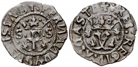 Reyes Católicos. Sevilla. 1 blanca. (Cal. 653) (Seb. 751 var). 0,80 g. y sobre la corona de la Y. Muy atractiva. Rara así. EBC-.