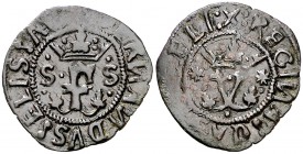 Reyes Católicos. Sevilla. 1 blanca. (Cal. 653) (Seb. 751 var). 0,76 g. y sobre la corona de la F. Buen ejemplar. Escasa así. MBC+/MBC.