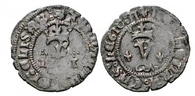 Reyes Católicos. Toledo. 1 blanca. (Cal. 674) (Seb. 860). 1,40 g. Flor de lis sobre las coronas. Rara. MBC-/MBC.