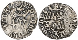 Reyes Católicos. Toledo. 1/2 real. (Cal. 485 var). 1,34 g. Anterior a la Pragmática. Leones sin corona. Rayitas. Rara. MBC-.