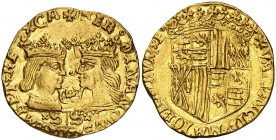 Reyes Católicos. Valencia. Ducado. (Cal. 165) (Cru.C.G. 3115i var). 3,52 g. Corona entre los bustos, S/S en exergo. Armas de Aragón de dos palos. Atra...