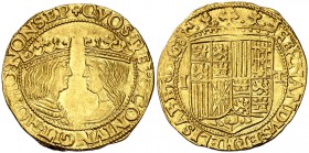 Reyes Católicos. Nápoles. Ducado. (Cal. 155) (Cru.C.G. 3184 var) (MIR. 114 var). 3,50 g. Escudo entre I-T. Bellísima. Muy rara y más así. EBC+.