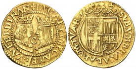 Reyes Católicos. Campen. Ducado. (Vti. 7) (Delmonte 1101). 3,40 g. C entre los bustos. Leones inferiores a derecha. Precioso color. Rara así. EBC-.