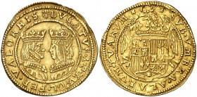 Reyes Católicos. Zwolle. Doble ducado. (Vti. 10) (Delmonte 1128 var). 6,91 g. Acuñada sobre otra moneda. Golpecitos. Precioso color. Rara y más así. (...