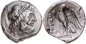 ITALIEN, BRUTTIUM / Brettische Liga, AE 22 (215-205 v.Chr.). Belorb. Kopf des Zeus r. Rs.Adler l., r. blickend. 8,05g.
kl.Rdf., ss
Sear 704; BMC 1.3...