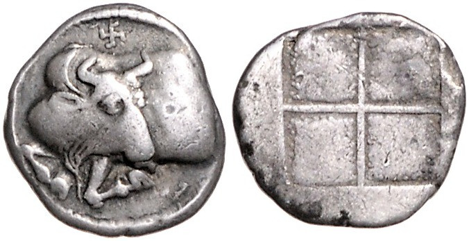 GRIECHENLAND, MAKEDONIEN / Stadt Akanthos, AR Tetrobol (430-390 v.Chr.). Stierpr...