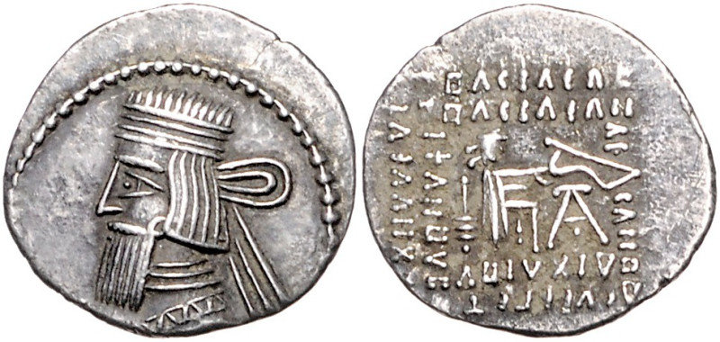 PARTHER, Artabanos II., 10-38, AR Drachme, Ecbatana. Büste mit quadratischem Bar...