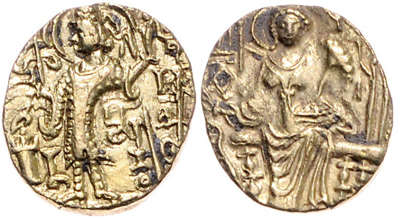 KUSHAN, Kipanada, 330-360, AV Stater. König mit Trident vor Altar. Rs.Thron. Göt...