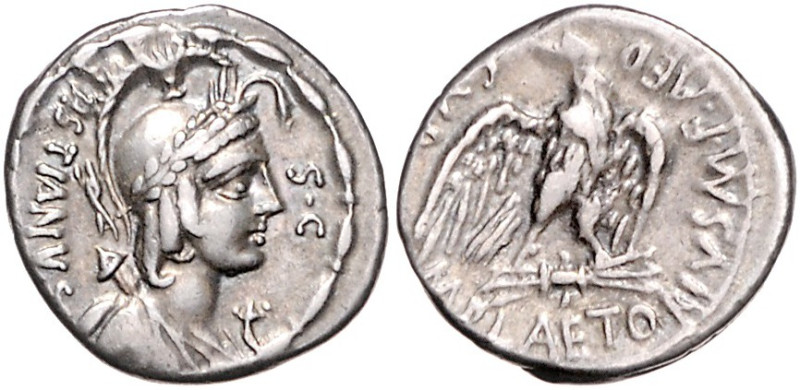 RÖMISCHE REPUBLIK, M. Plaetorius M.f.Cestianus, 67 v.Chr., AR Denar. Geflügelte ...