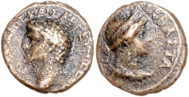 RÖMISCHES REICH, Claudius, 41-54, AE 19. Kreta, Stadt Kydonia. Bloßer Kopf des Claudius l. Rs.Diad.Büste der Livia(?) r. 4,39g.
f.ss
 RPC 1030