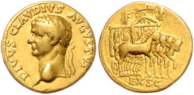 RÖMISCHES REICH, Claudius, 41-54, posthum unter Nero, 54-68, AV Aureus (54), Rom. Belorb. Büste l., DIVVS CLAVDIVS AVGVSTVS. Rs.Triumphalquadriga r., ...
