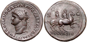 RÖMISCHES REICH, Nero, 54-68, AE Sesterz, Rom. Belorb. Büste l., NERO CLAVD CAESAR AVG GER PM TRP IMP PP. Rs.Nero r. reitend, hält eingelegte Lanze, d...