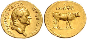 RÖMISCHES REICH, Vespasian, 69-79, AV Aureus (76), Rom. Belorb. Büste r., IMP CAESAR VESPASIANVS AVG. Rs.Stier r., COS VII. 7,28g.
GOLD, ss-vz
RIC² ...