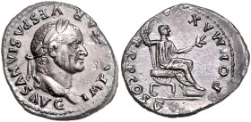 RÖMISCHES REICH, Vespasian, 69-79, AR Denar (74), Rom. Belorb. Büste r., IMP CAESAR VESPASIANVS AVG. Rs.Kaiser r. sitzend, hält Zepter und Zweig, PON ...
