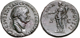 RÖMISCHES REICH, Vespasian, 69-79, AE Sesterz (71), Rom. Belorb. Büste r., IMP CAES VESPAS AVG PM TRP PP COS III. Rs.Pax l. stehend, hält Zweig und Fü...