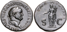 RÖMISCHES REICH, Vespasian, 69-79, AE Sesterz (71), Rom. Belorb. Büste r., IMP CAES VESPAS AVG PM TRP PP COS III. Rs.Pax l. stehend, hält Zweig und Fü...