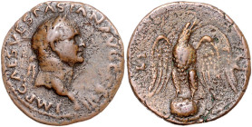 RÖMISCHES REICH, Vespasian, 69-79, AE As COS III =71, Rom. Belorb. Büste r. Rs.Adler auf Globus. 10,38g.
ss
RIC 497