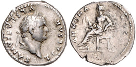 RÖMISCHES REICH, Titus als Caesar, 69-79, AR Denar (78/79), Rom. T CAESAR VESPASIANUS. Belorb. Brb r. Rs.ANNONA AUG. Sitzende Annona l. hält Bündel vo...