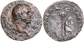 RÖMISCHES REICH, Titus als Caesar, 69-79, AE As COS VI=77-78, Lugdunum. Belorb. Kopf r. Rs.Judea sitzt r., Palme und Schild. 9,32g.
selten, s-ss
RIC...