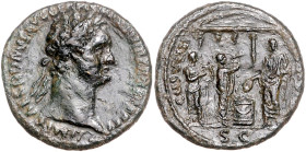 RÖMISCHES REICH, Domitian, 81-96, AE As, Rom. COS XIIII =88. Belorb. Büste r. Rs.Kaiser opfert über Altar vor Tempel mit Harfen- und Flötenspieler. 10...