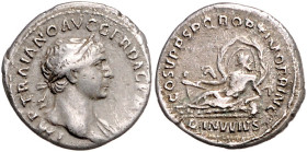 RÖMISCHES REICH, Trajan, 98-117, AR Denar COS V =104-107, Rom. Belorb. Büste r., drapiert. Rs.Danuvius lagert l. mit Prora. 3,06g.
ss
RIC 100; BMC 3...