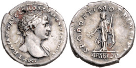 RÖMISCHES REICH, Trajan, 98-117, AR Denar COS VI (112-114), Rom. Belorb. Büste r. Rs.Arabia mit Zweig und Ried, unten Kamel. 3,47g.
Fundbelag, ss
Se...