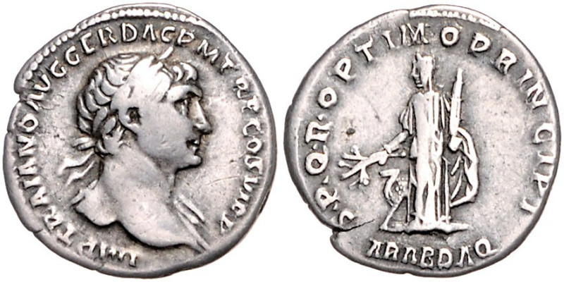 RÖMISCHES REICH, Trajan, 98-117, AR Denar COS VI (112-114), Rom. Belorb. Büste r...