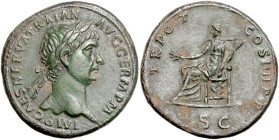 RÖMISCHES REICH, Trajan, 98-117, AE Sesterz (101-102), Rom. Belorb. Büste r., IMP CAES NERVA TRAIAN AVG GERM PM. Rs.Pax l. sitzend, hält Zweig und Zep...