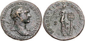 RÖMISCHES REICH, Trajan, 98-117, AE Sesterz COS V =103-112, Rom. Belorb. Büste r. Rs.Victoria r. hält Schild mit der Inschrift VIC/DAC auf Palmstamm. ...