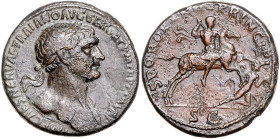 RÖMISCHES REICH, Trajan, 98-117, AE Sesterz COS V =103-111, Rom. Belorb. Büste r. Rs.Kaiser zu Pferd r., sticht Gegner nieder, SC. 25,64g.
ss
RIC 54...