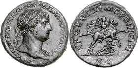 RÖMISCHES REICH, Trajan, 98-117, AE Sesterz COS V =103-112, Rom. Belorb. Büste r. Rs.Kaiser reitet r., trägt Speer, darunter untergegangener Gegner. 2...