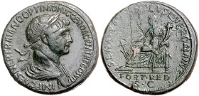 RÖMISCHES REICH, Trajan, 98-117, AE Sesterz COS VI =114-117, Rom. Belorb. Büste r. Rs.Fortuna l. sitzend hält Ruder und Füllhorn. 27,92g. Ex Peuss, er...