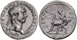 RÖMISCHES REICH, Trajan, 98-117, AE Dupondius COS II =98-99, Rom. Büste mit Strahlenkrone. Rs.Sitz. Abundantia mit Zepter auf Stuhl aus Füllhörnern. 1...