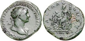RÖMISCHES REICH, Trajan, 98-117, AE Dupondius COS VI (112-114) Rom. Kopf mit Strahlenkrone r. Rs.Sitz.Dacia l. hält Standarte, davor zwei Kinder. 10,8...