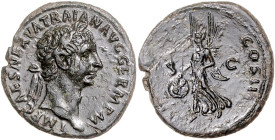 RÖMISCHES REICH, Trajan, 98-117, AE As COS II =98/99, Rom. Belorb. Büste r. Rs.Victoria l. schreitend mit Schild. 11,24g.
vz/f.vz
RIC 402
