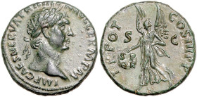 RÖMISCHES REICH, Trajan, 98-117, AE As (99-100), Rom. Belorb. Büste r., IMP CAES NERVA TRAIAN AVG GERM PM. Rs.Victoria l. schreitend, hält Schild, dar...