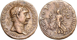 RÖMISCHES REICH, Trajan, 98-117, AE As 101-102. Belorb. Brb. rechts. Rs.Victoria mit Schild links. 10,46g.
ss
RIC 434