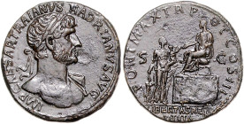 RÖMISCHES REICH, Hadrian, 117-138, AE Sesterz (119-121), Rom. Belorb. Büste r., l. drap., IMP CAESAR TRAIANVS HADRIANVS AVG. Rs.Hadrian auf Podium l. ...
