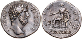 RÖMISCHES REICH, Aelius als Caesar, 136-138, AE Sesterz COS II =137, Rom. Büste r., L AELIVS CAESAR. Rs.Concordia l. thronend mit Patera u.Füllhorn, T...