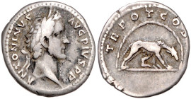 RÖMISCHES REICH, Antoninus Pius, 138-161, AR Denar COS III =140-143, Rom. Belorb. Büste r. Rs.Römische Wölfin in Grotte r., stillt die Zwillinge. 3,11...