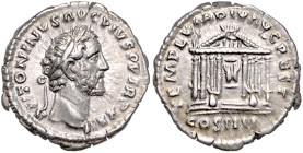 RÖMISCHES REICH, Antoninus Pius, 138-161, AR Denar COS IIII =140-144, Rom. Belorb. Büste r. Rs.Oktastyler Tempel mit den Statuen des Divus Augustus un...