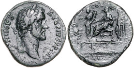 RÖMISCHES REICH, Antoninus Pius, 138-161, AE Sesterz COS IIII =138-161, Rom. Belorb. Büste r., ANTONINVS AVG PIVS PP TRP. Rs.Kaiser auf Sella Curulis ...