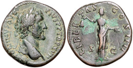 RÖMISCHES REICH, Antoninus Pius, 138-161, AE Sesterz (153-154), Rom. Belorb. Büste r. Rs.Steh. Libertas mit Pileus, die l. Hand ausgestreckt. 25,36g....
