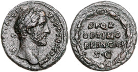 RÖMISCHES REICH, Antoninus Pius, 138-161, AE As COS IIII =145-161, Rom. Belorb. Büste r. Rs.Schrift im Kranz. 9,86g.
ss-vz
RIC 827a; Sear 1292