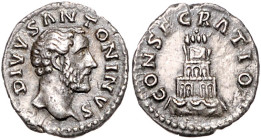 RÖMISCHES REICH, Antoninus Pius, 138-161, posthum unter Marcus Aurelius, 161-180, AR Denar, Rom. Drap. Büste r., DIVVS ANTONINVS. Rs.Scheiterhaufen, g...
