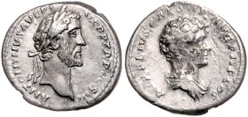 RÖMISCHES REICH, Antoninus Pius und Marcus Aurelius, 139-161, AR Denar (140), Rom. Belorb. Büste des Antoninus Pius r., ANTONINVS AVG PIVS PP TRP COS ...
